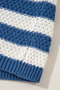Outlet Dear-Lover V Neck Pocketed Drawstring Hooded Sweater Blue Stripe
