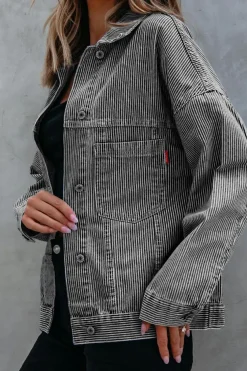Best Dear-Lover Washed Oversize Pocketed Denim Jacket Blue Stripe