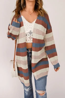 Clearance Dear-Lover Striped Color Block Hollowed Knit Cardigan Blue