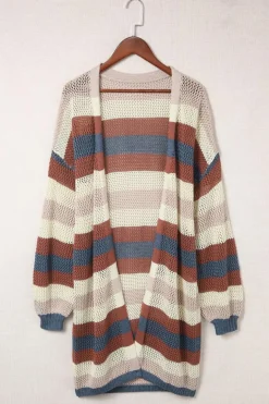 Clearance Dear-Lover Striped Color Block Hollowed Knit Cardigan Blue