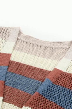 Clearance Dear-Lover Striped Color Block Hollowed Knit Cardigan Blue