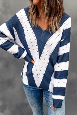 Online Dear-Lover Striped Colorblock V Neck Knitted Sweater Blue