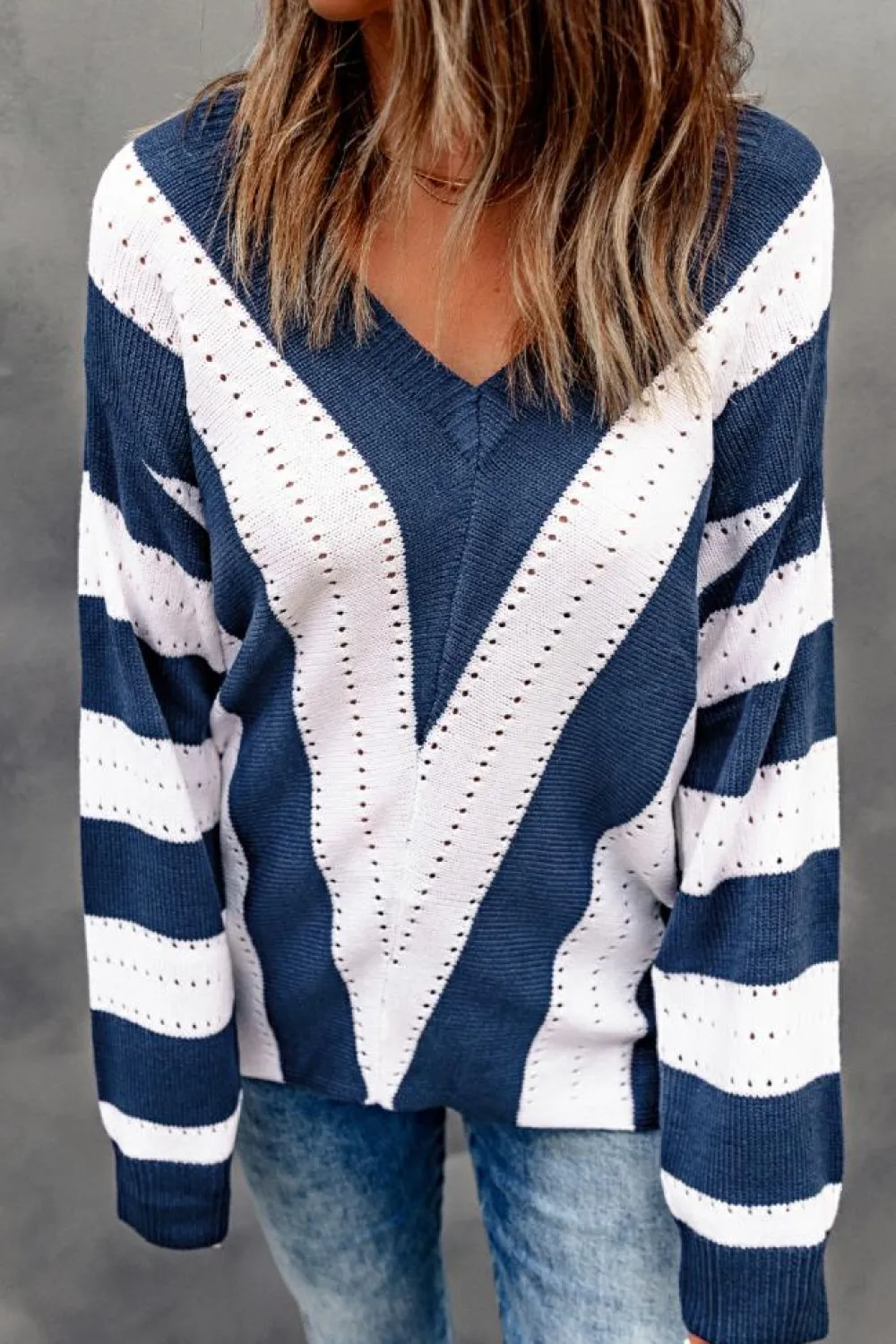 Online Dear-Lover Striped Colorblock V Neck Knitted Sweater Blue