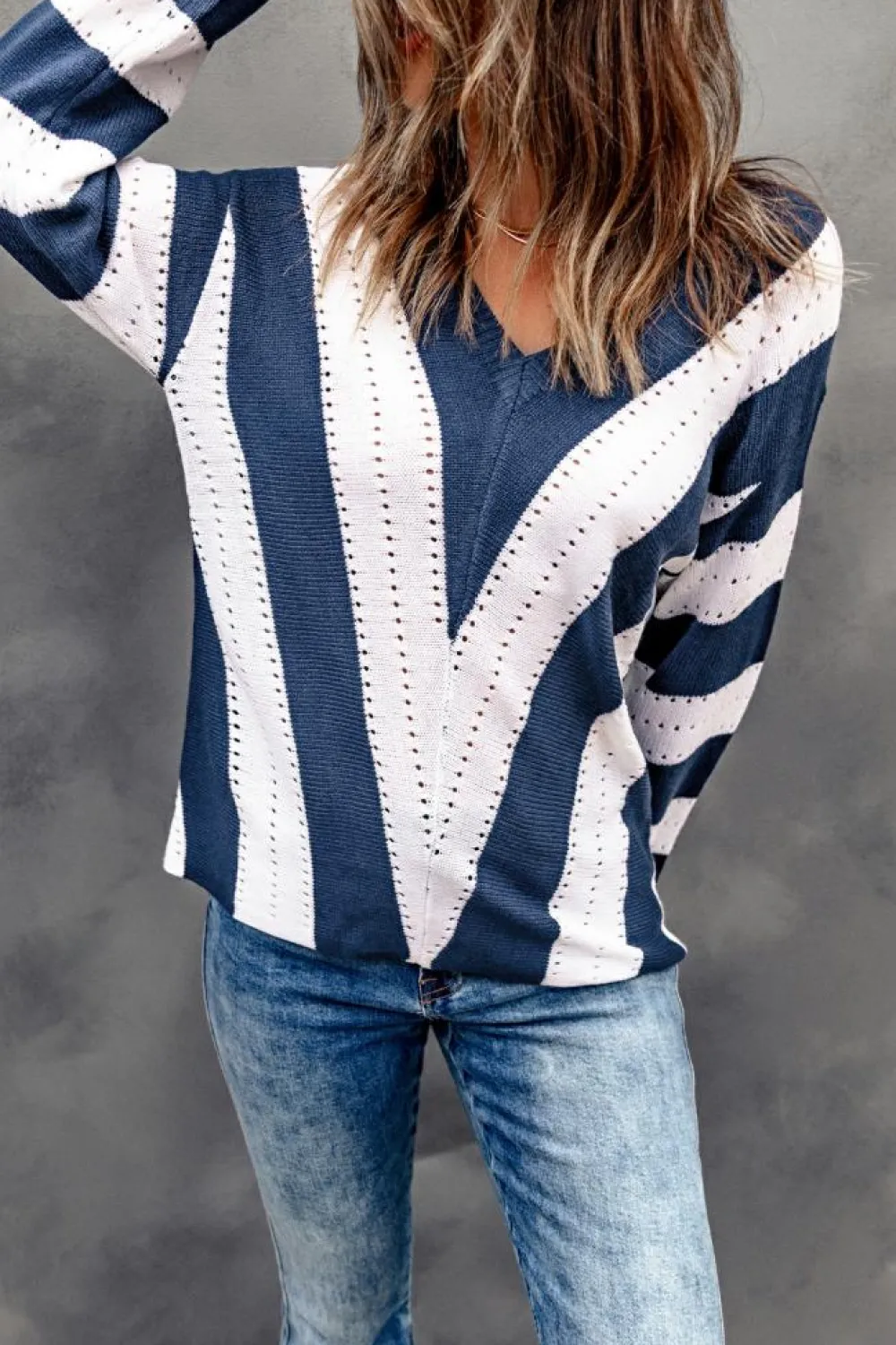 Online Dear-Lover Striped Colorblock V Neck Knitted Sweater Blue