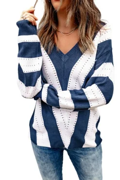 Online Dear-Lover Striped Colorblock V Neck Knitted Sweater Blue