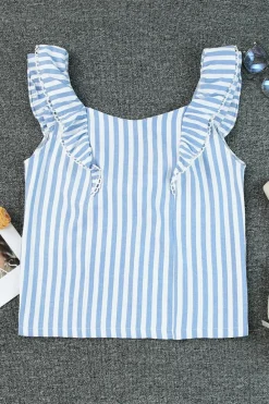 Outlet Dear-Lover Striped Tie Back Ruffle Trim Tank Top Blue