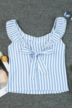 Outlet Dear-Lover Striped Tie Back Ruffle Trim Tank Top Blue