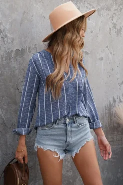 Outlet Dear-Lover Striped V Neck Pocket Long Sleeve Top Blue