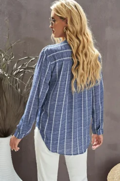 Outlet Dear-Lover Striped V Neck Pocket Long Sleeve Top Blue