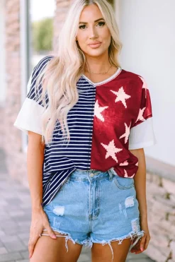 Online Dear-Lover Stripes Stars Print Knit Short Sleeves Top Blue