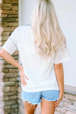Online Dear-Lover Stripes Stars Print Knit Short Sleeves Top Blue