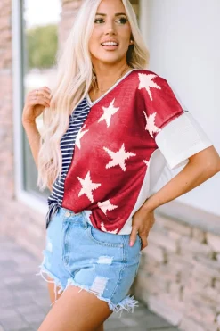 Online Dear-Lover Stripes Stars Print Knit Short Sleeves Top Blue