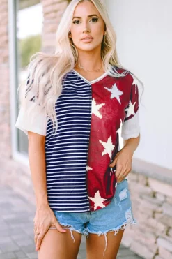 Online Dear-Lover Stripes Stars Print Knit Short Sleeves Top Blue