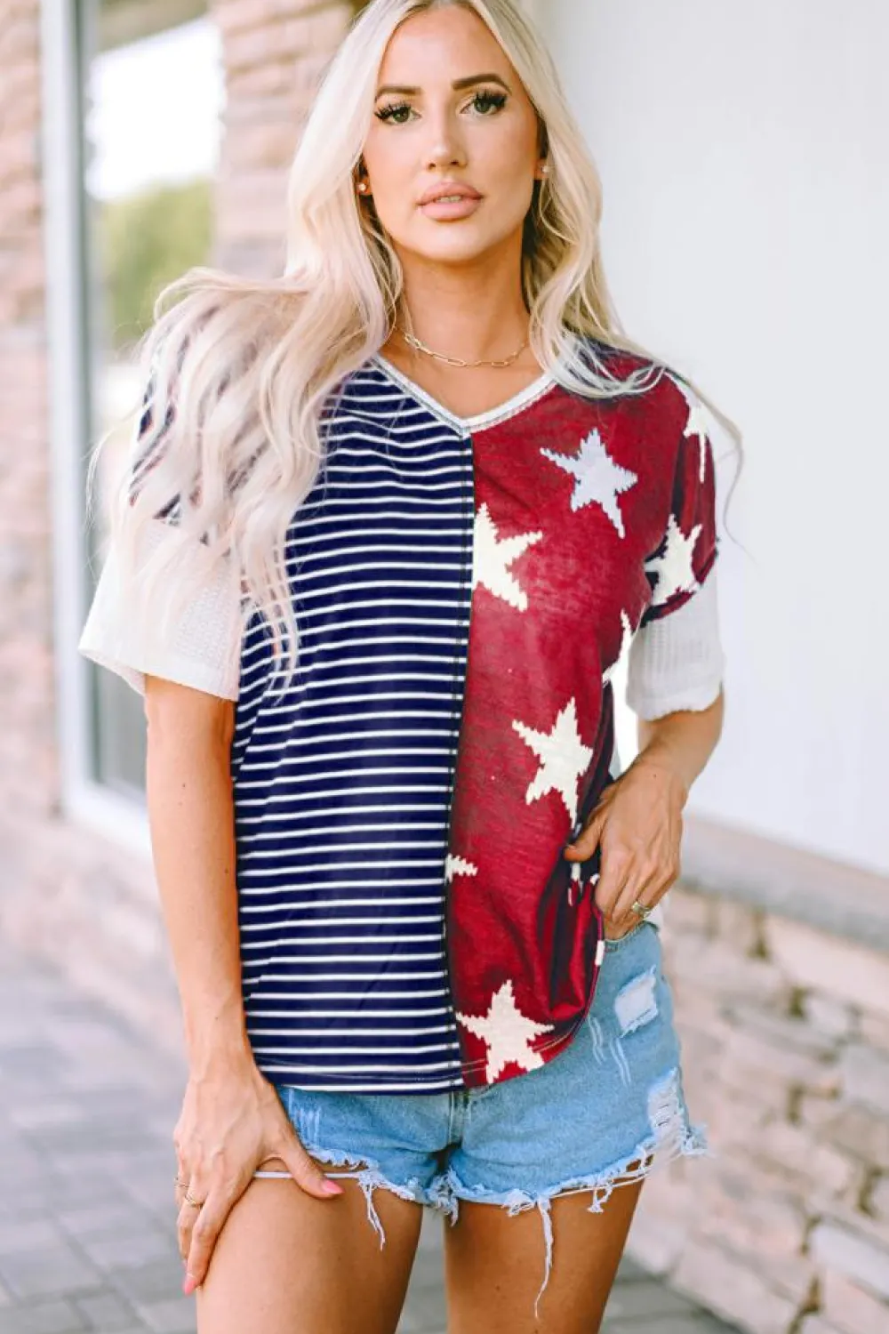 Online Dear-Lover Stripes Stars Print Knit Short Sleeves Top Blue