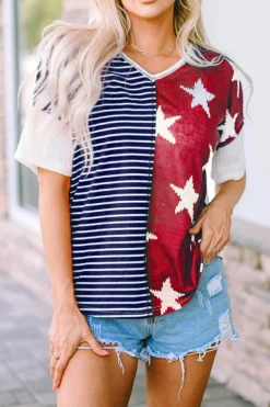 Online Dear-Lover Stripes Stars Print Knit Short Sleeves Top Blue