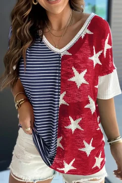 Online Dear-Lover Stripes Stars Print Knit Short Sleeves Top Blue
