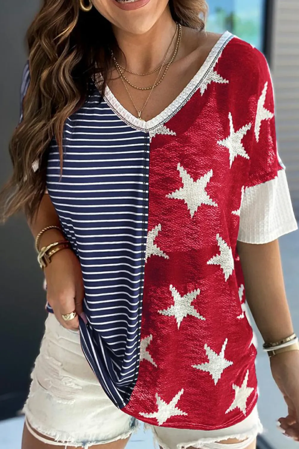 Online Dear-Lover Stripes Stars Print Knit Short Sleeves Top Blue