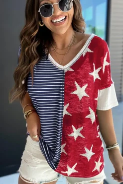 Online Dear-Lover Stripes Stars Print Knit Short Sleeves Top Blue