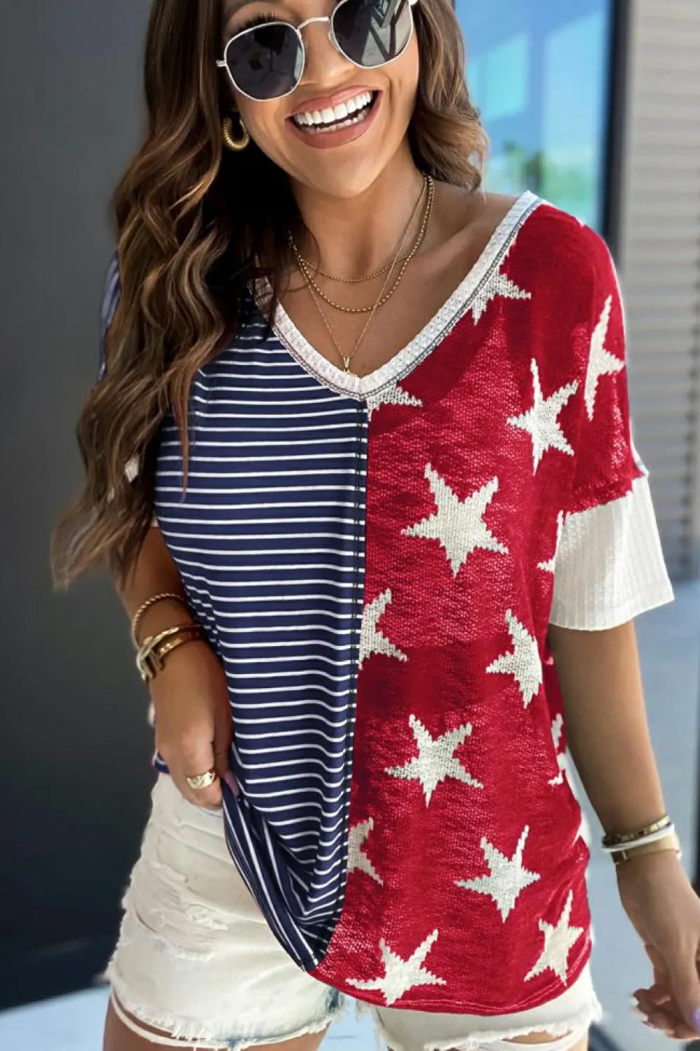 Online Dear-Lover Stripes Stars Print Knit Short Sleeves Top Blue
