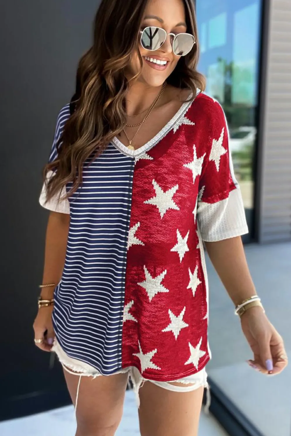 Online Dear-Lover Stripes Stars Print Knit Short Sleeves Top Blue