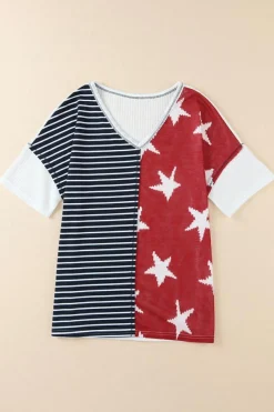 Online Dear-Lover Stripes Stars Print Knit Short Sleeves Top Blue