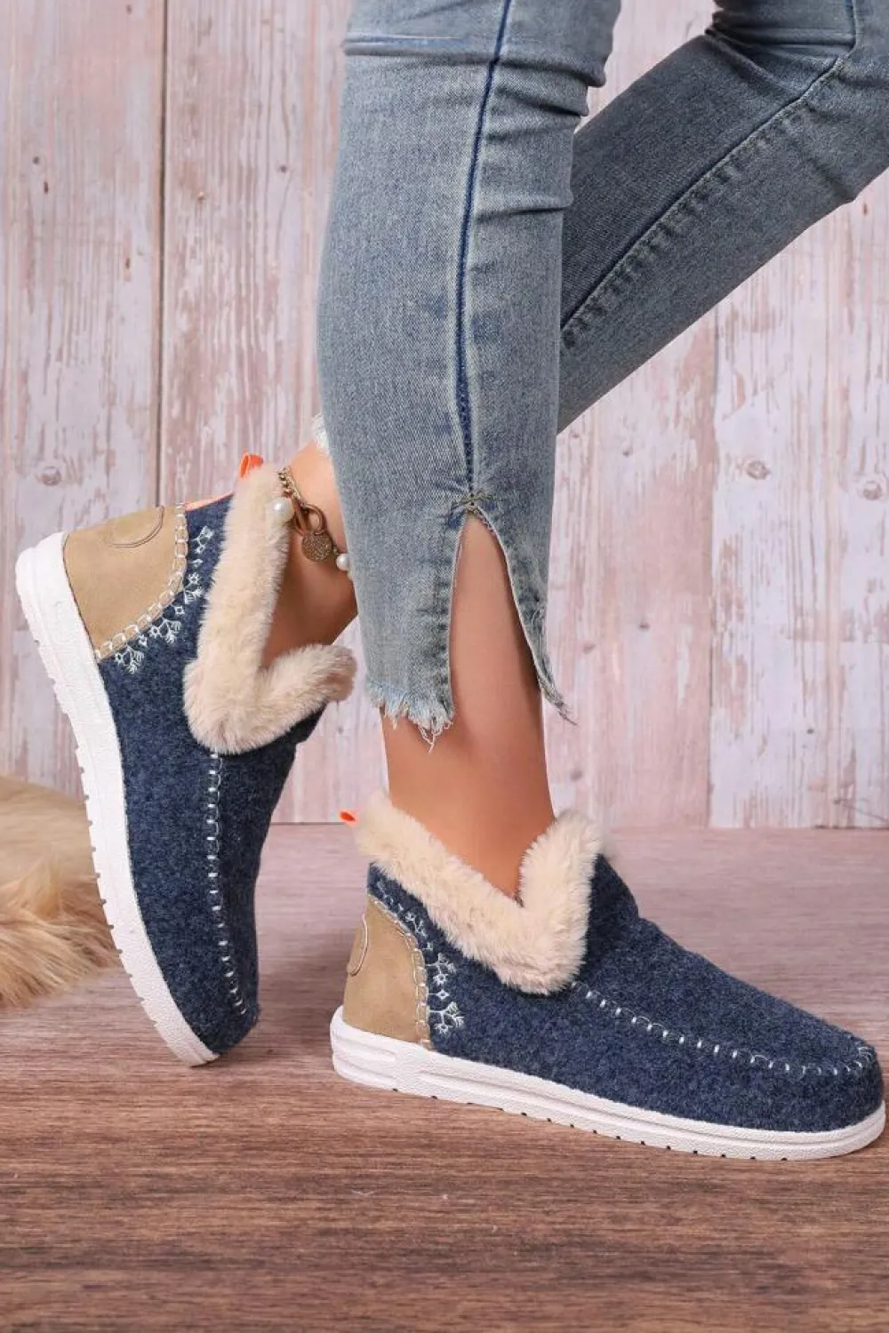 Sale Dear-Lover Suede Stitching Patchwork Plush Lined Anklet Boots Blue