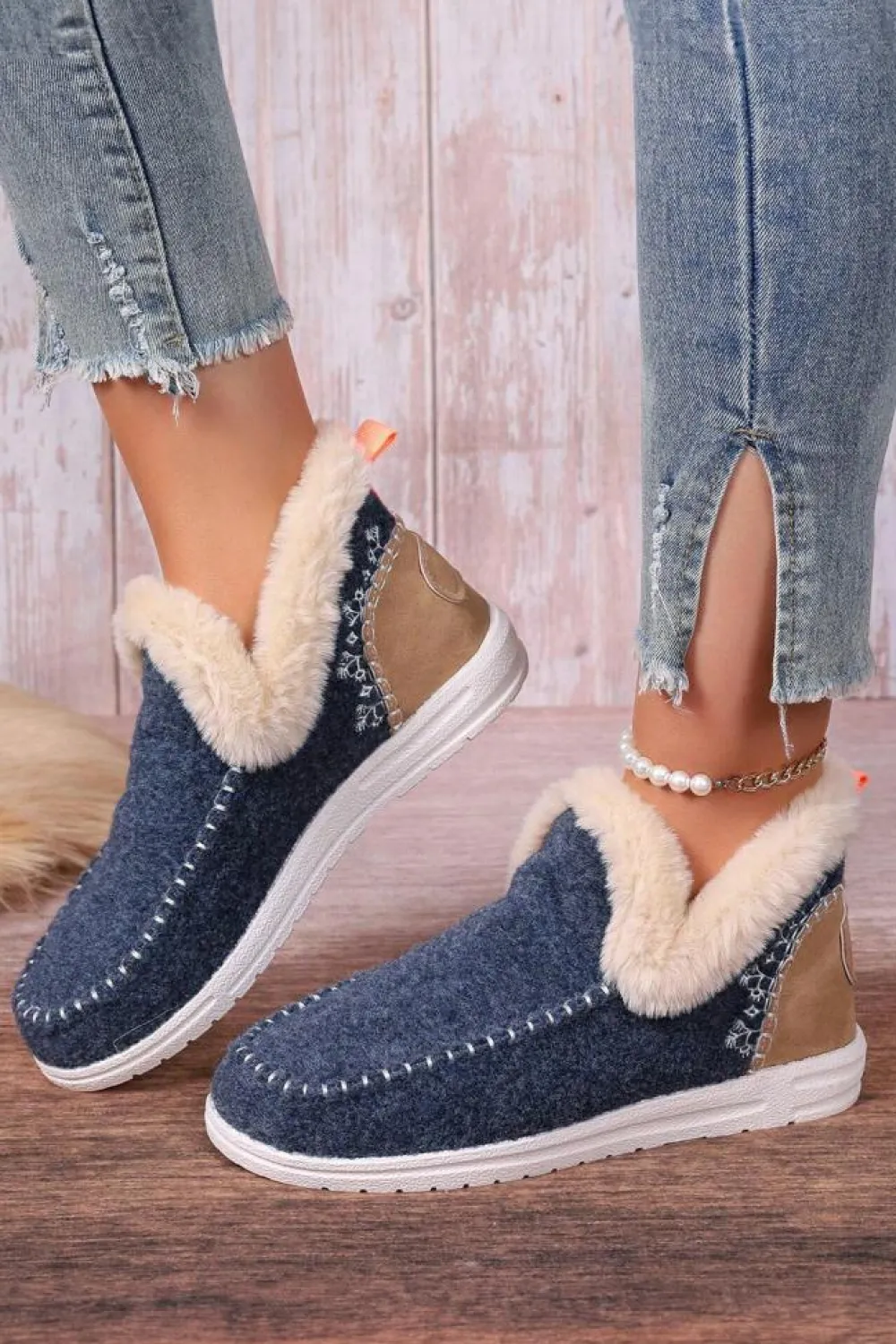 Sale Dear-Lover Suede Stitching Patchwork Plush Lined Anklet Boots Blue