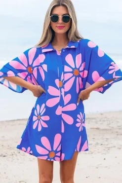 Sale Dear-Lover Summer Flower Print Shirt Collar Button Front Loose Romper Blue