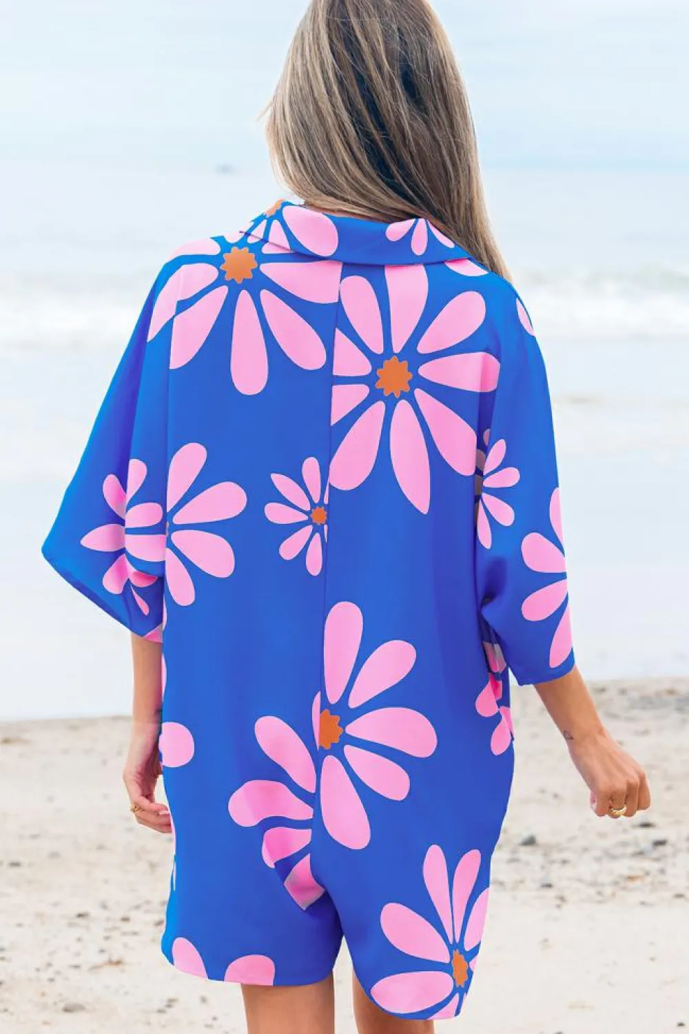 Sale Dear-Lover Summer Flower Print Shirt Collar Button Front Loose Romper Blue