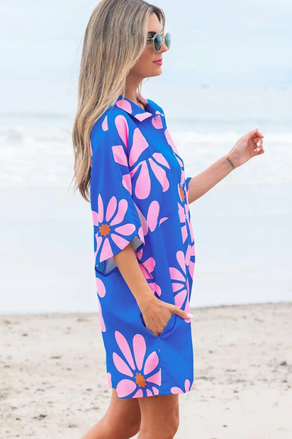 Sale Dear-Lover Summer Flower Print Shirt Collar Button Front Loose Romper Blue