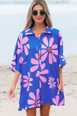 Sale Dear-Lover Summer Flower Print Shirt Collar Button Front Loose Romper Blue