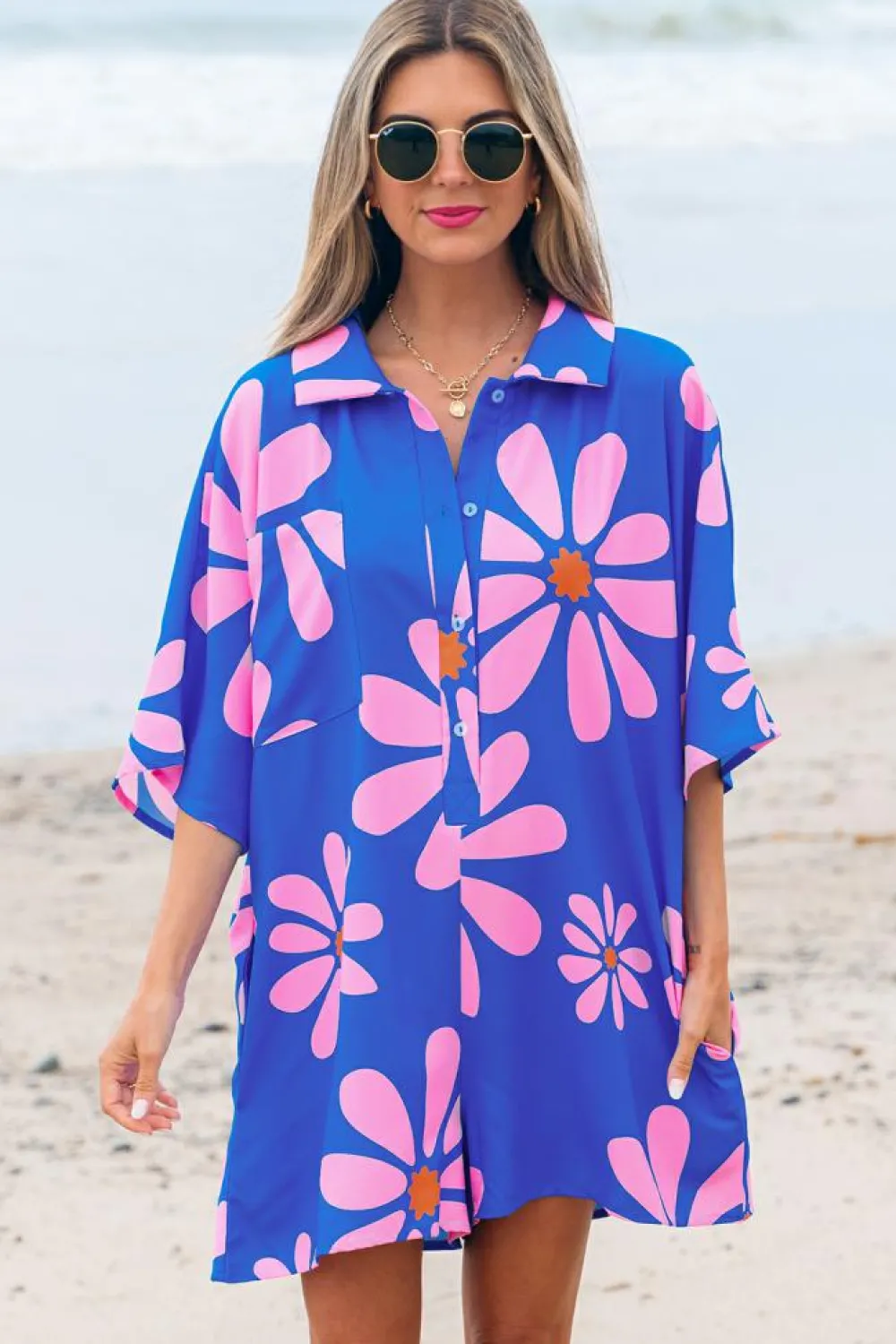 Sale Dear-Lover Summer Flower Print Shirt Collar Button Front Loose Romper Blue