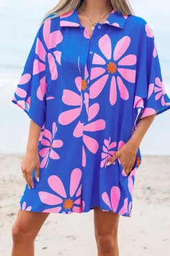 Sale Dear-Lover Summer Flower Print Shirt Collar Button Front Loose Romper Blue