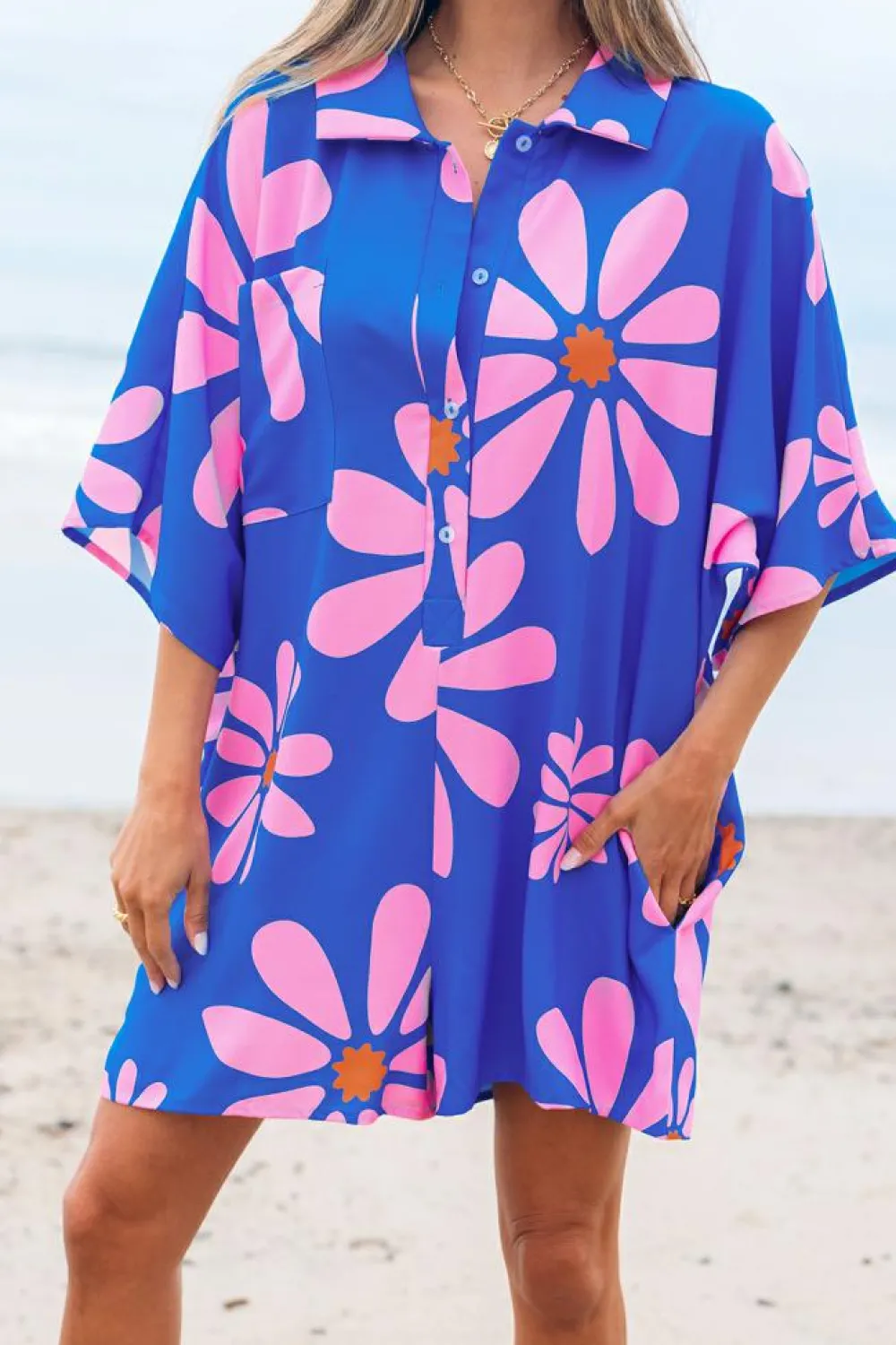 Sale Dear-Lover Summer Flower Print Shirt Collar Button Front Loose Romper Blue