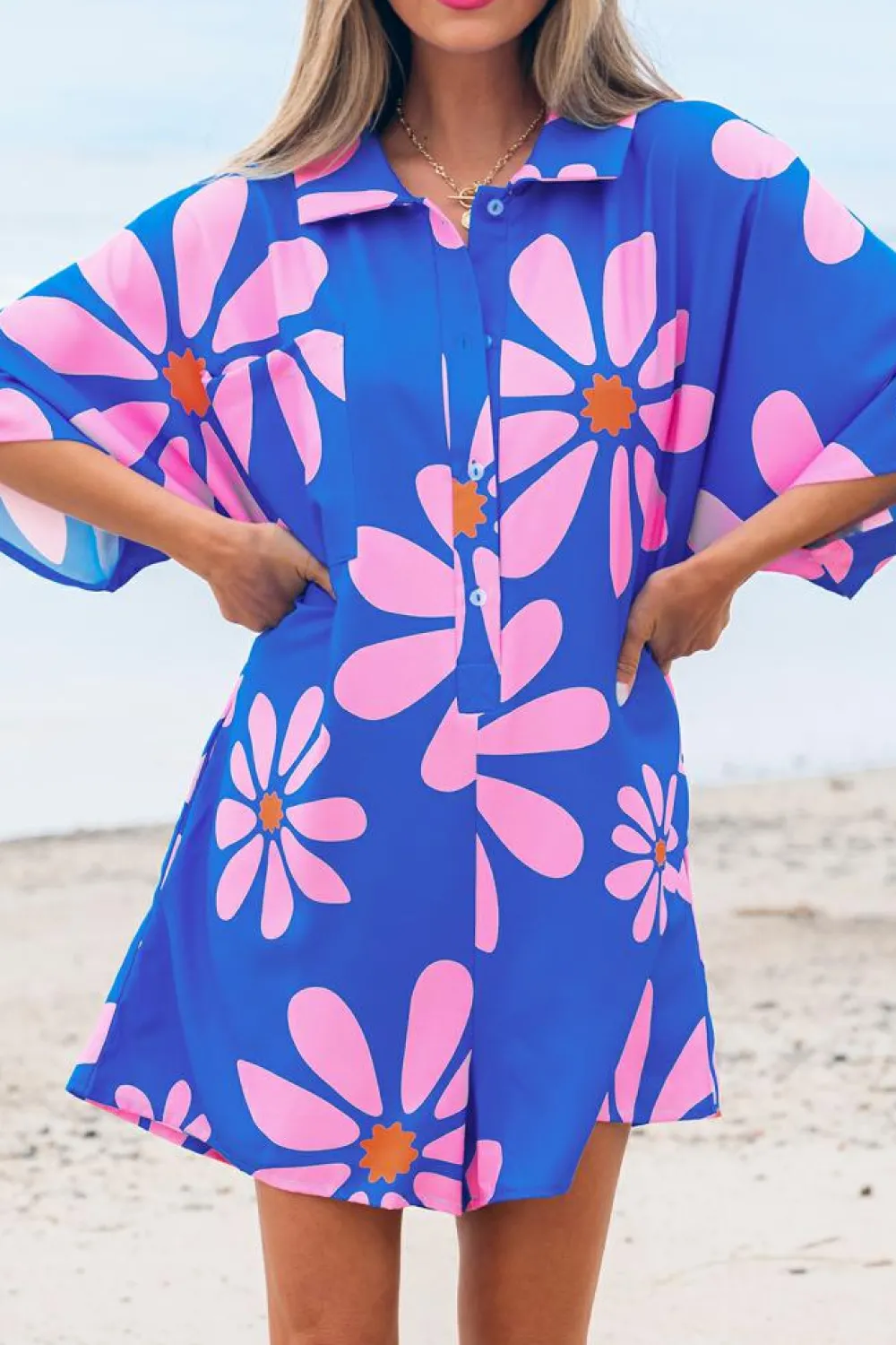 Sale Dear-Lover Summer Flower Print Shirt Collar Button Front Loose Romper Blue
