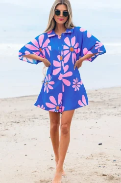 Sale Dear-Lover Summer Flower Print Shirt Collar Button Front Loose Romper Blue