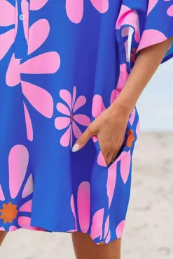Sale Dear-Lover Summer Flower Print Shirt Collar Button Front Loose Romper Blue