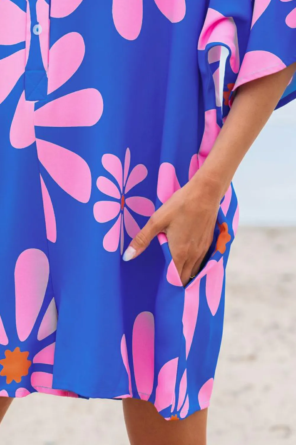 Sale Dear-Lover Summer Flower Print Shirt Collar Button Front Loose Romper Blue