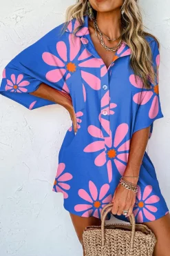 Sale Dear-Lover Summer Flower Print Shirt Collar Button Front Loose Romper Blue