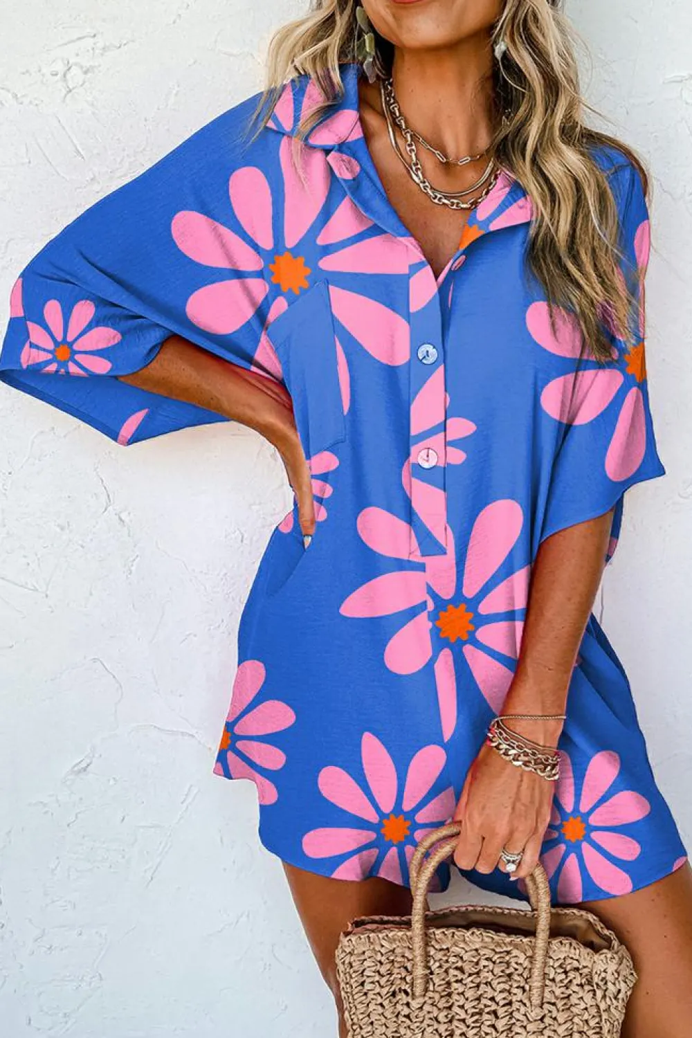 Sale Dear-Lover Summer Flower Print Shirt Collar Button Front Loose Romper Blue
