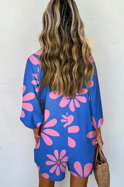 Sale Dear-Lover Summer Flower Print Shirt Collar Button Front Loose Romper Blue