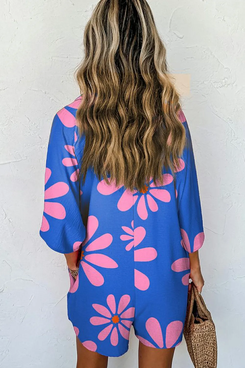 Sale Dear-Lover Summer Flower Print Shirt Collar Button Front Loose Romper Blue