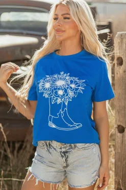 Outlet Dear-Lover Sunflower Boots Graphic Western Fashion T Shirt Blue