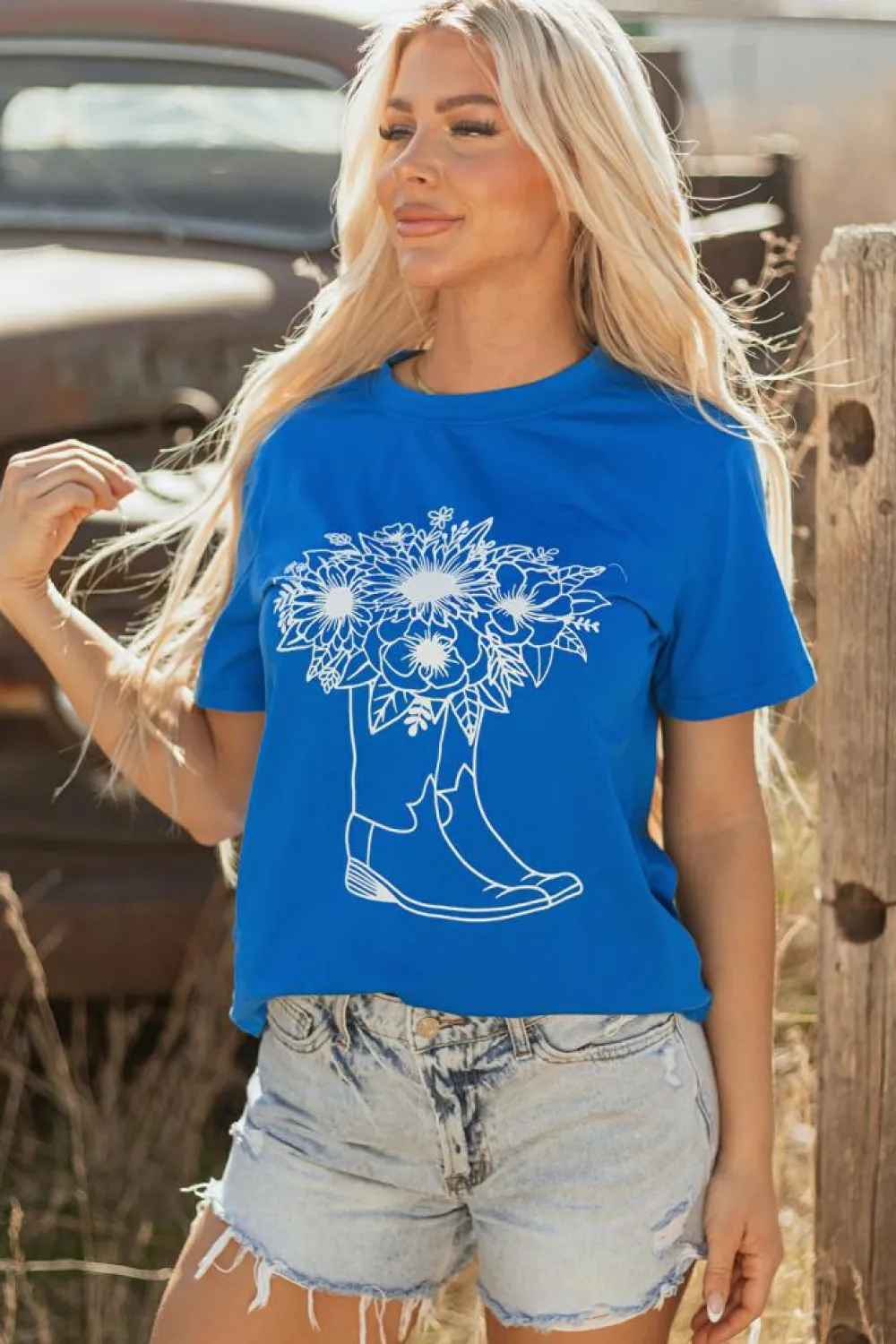 Outlet Dear-Lover Sunflower Boots Graphic Western Fashion T Shirt Blue