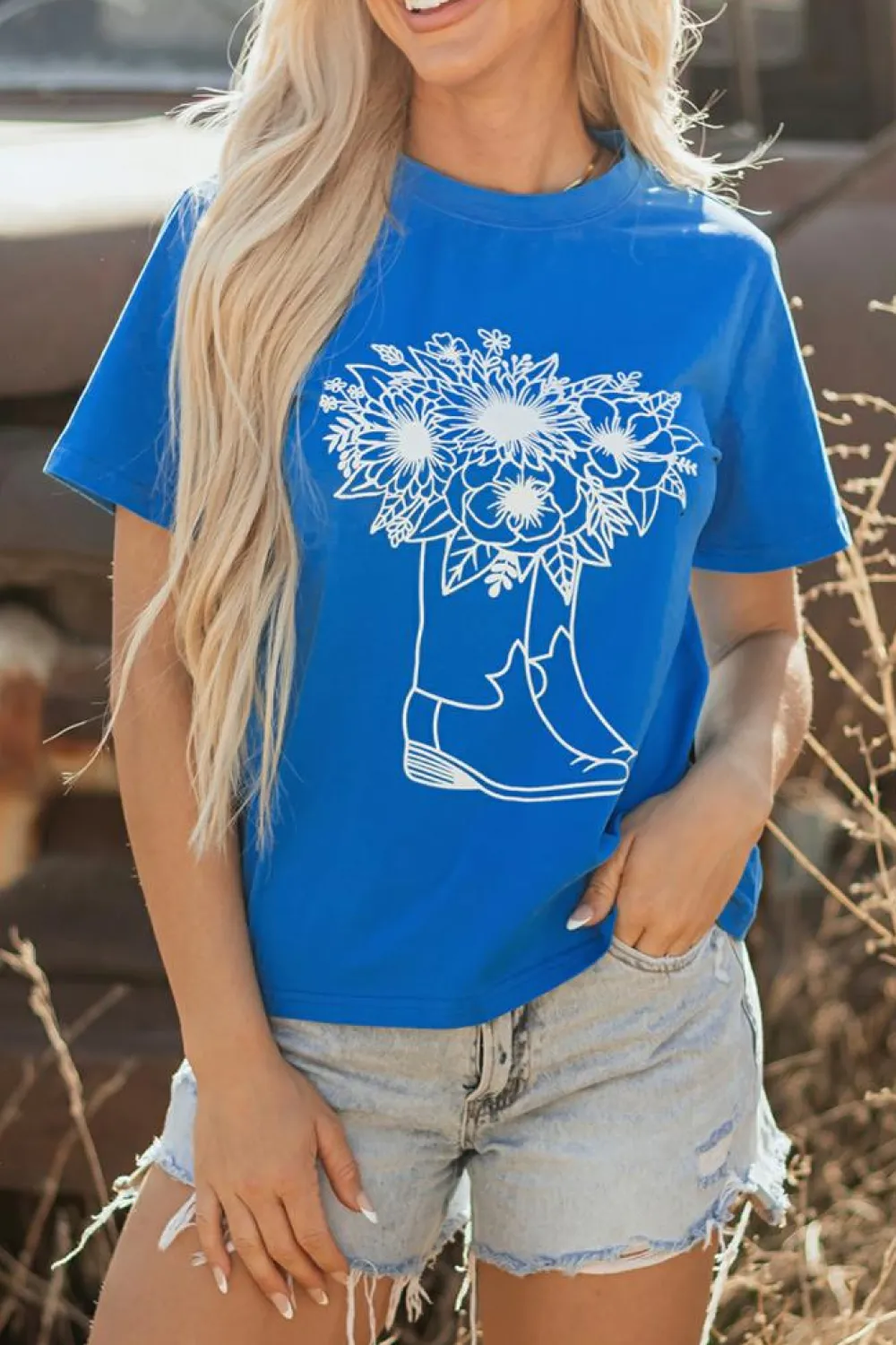 Outlet Dear-Lover Sunflower Boots Graphic Western Fashion T Shirt Blue