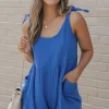 Clearance Dear-Lover Textured Knotted Straps High Waist Wide Leg Romper Blue