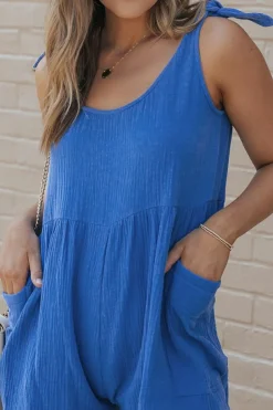 Clearance Dear-Lover Textured Knotted Straps High Waist Wide Leg Romper Blue