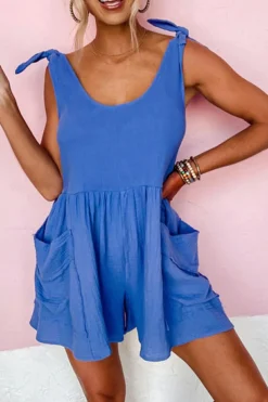 Clearance Dear-Lover Textured Knotted Straps High Waist Wide Leg Romper Blue