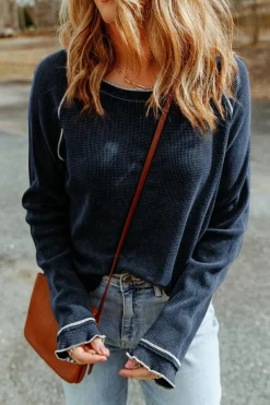 Clearance Dear-Lover Textured Round Neck Long Sleeve Top Blue