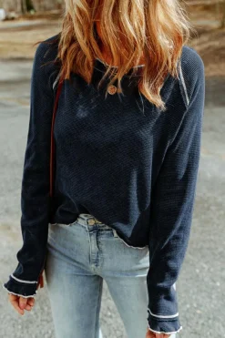 Clearance Dear-Lover Textured Round Neck Long Sleeve Top Blue